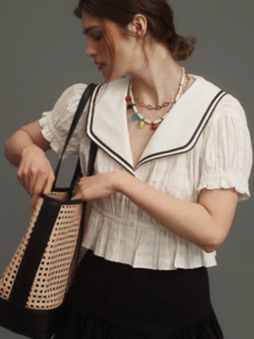 Maeve White Peplum Crop Top with Black Trim Sailor Collar